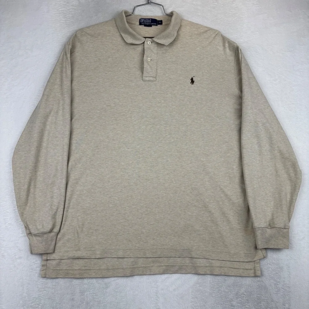 Polo Ralph Lauren Mens XL Tan Vintage  Long Sleeve Polo Shirt Embroidered Pony
